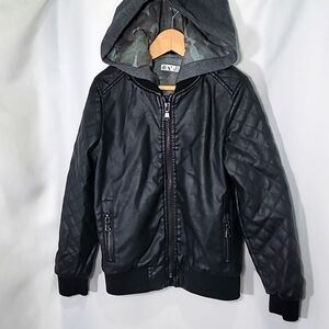 NWT DEX faux vegan leather jacket with Hood quilted lined warm camo lining